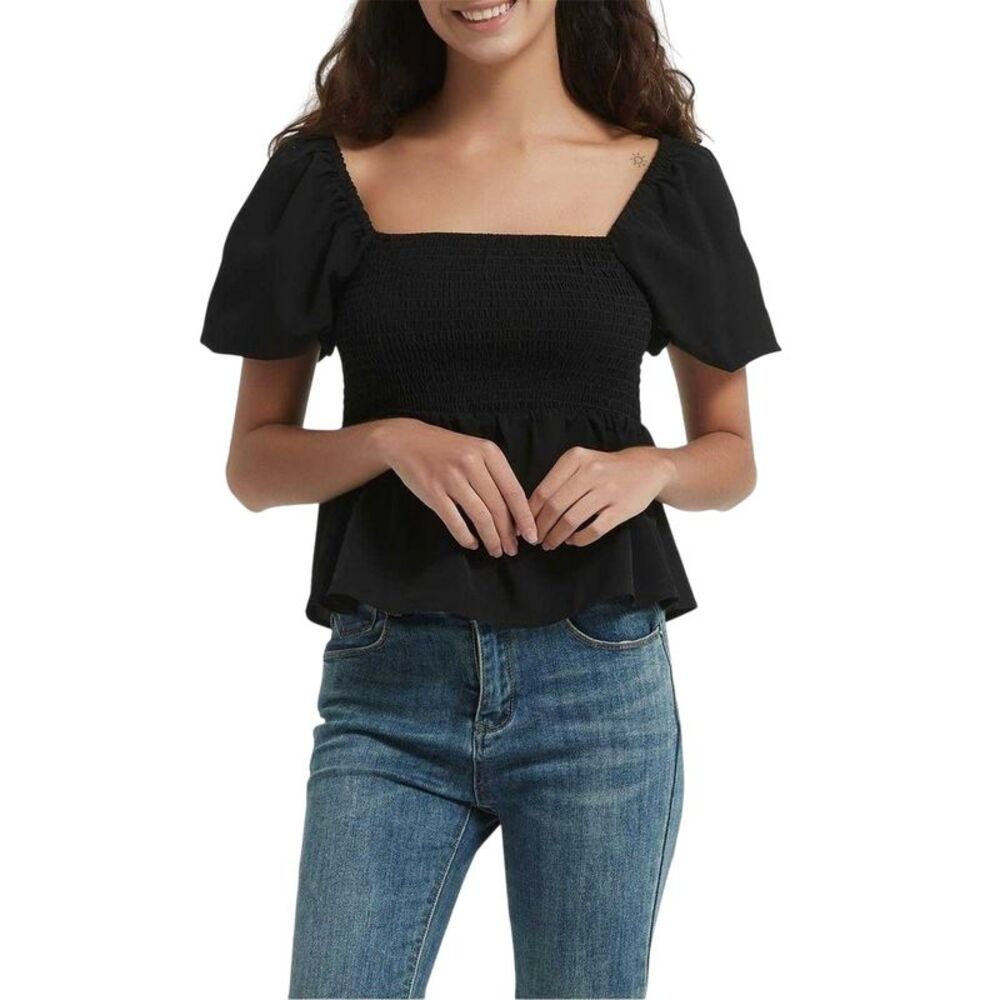 Be You Womens/Ladies Plain Square Neck Puff Sleeve Blouse / Black